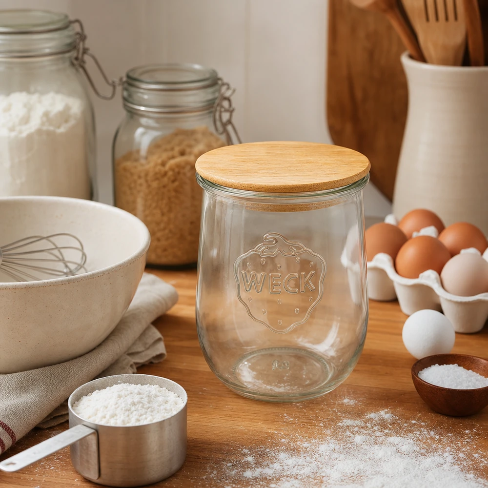 1062 ml tulipankrukke WECK RR100 med trælåg WECK tulipankrukke RR100 1062ml tom med trælåg i rustikt køkken mellem bageingredienser æg mel redskaber