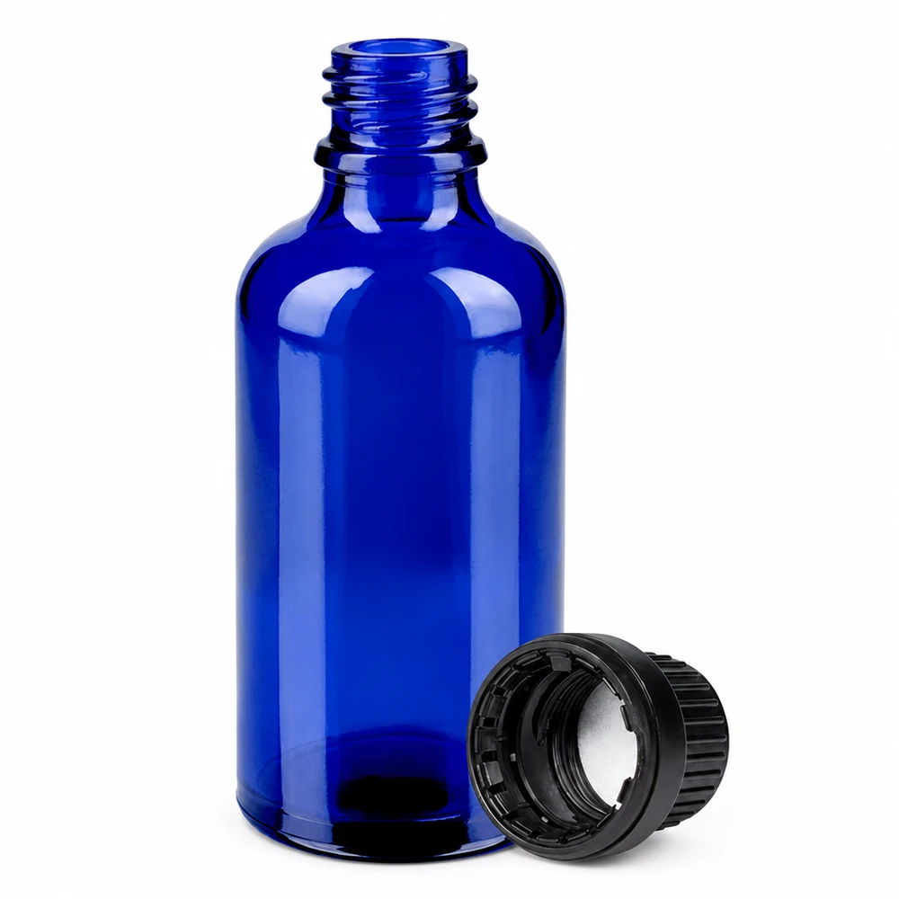 50 ml BlueLine-glasflaske med 11 mm gevind og sort sikkerhedsdæksel UT18/50
