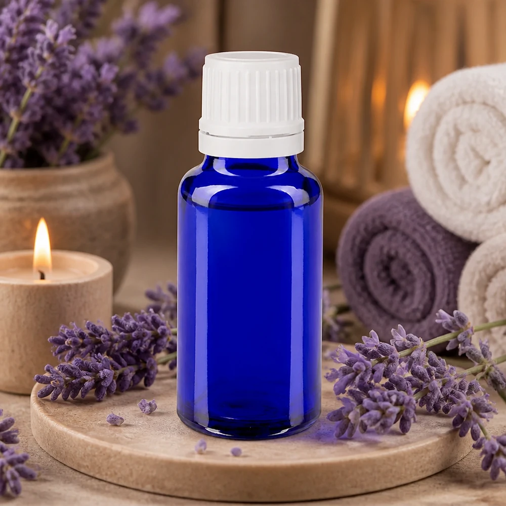 Apoteksflaske blå 20 ml skruelåg hvid OV Blå 20 ml glasflaske med hvid børnesikret låg mellem lavendelblomster og stearinlys