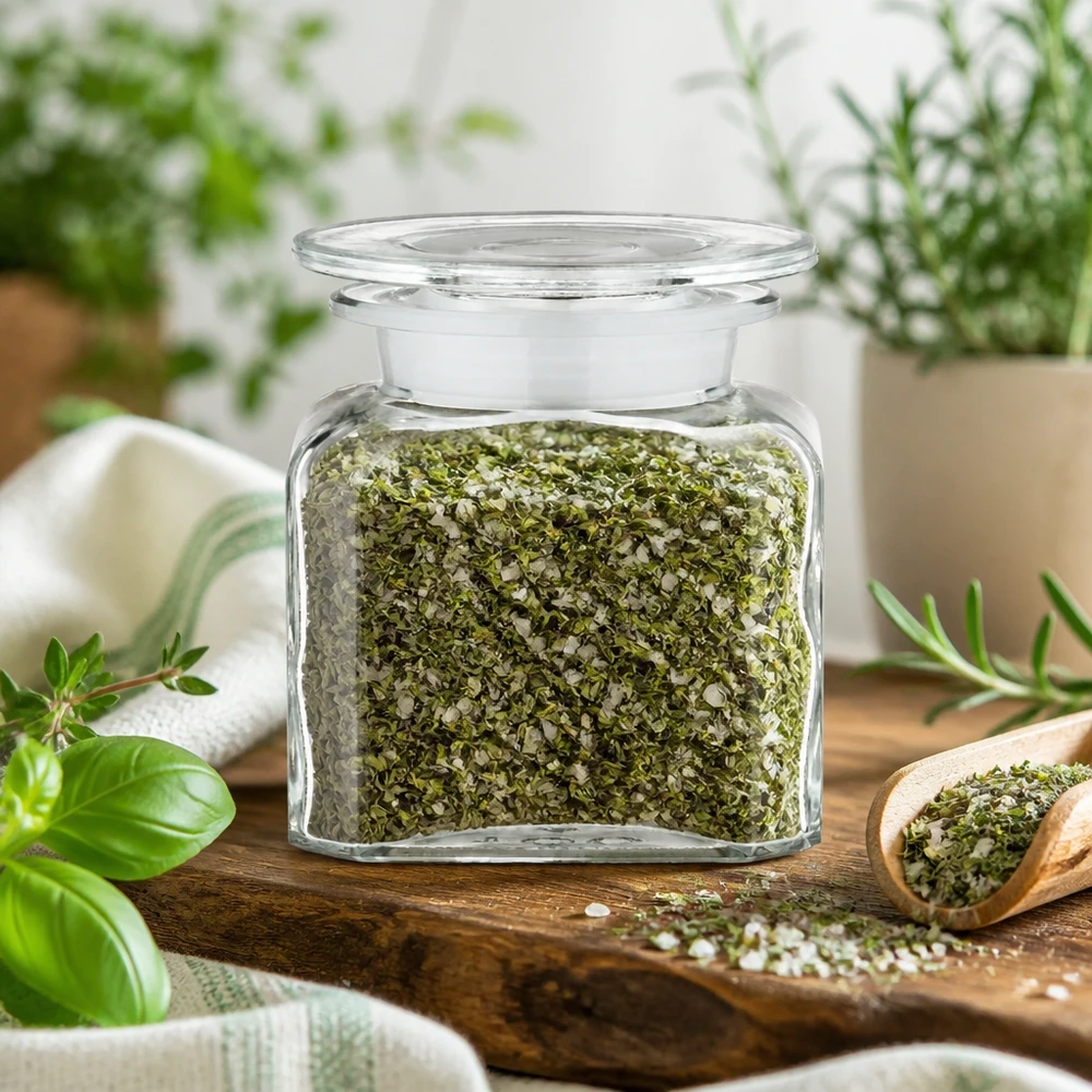 Idé til krydderiglas: Firkantet apotekerflaske 100 ml med bred hals Krydderisalt i en gennemsigtig, firkantet apotekerflaske på 100 ml med bred hals og glaslåg, anbragt på et træbræt