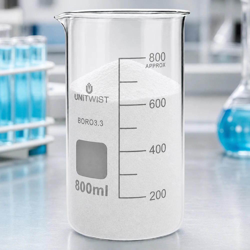 UNITWIST bægerglas 800 ml, høj model, fyldt med hvidt pulver på et laboratoriebord af borosilikatglas
