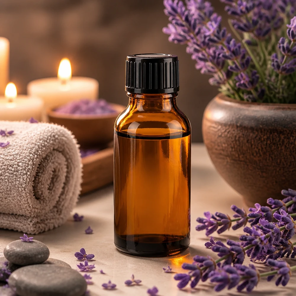 Apoteksflaske brun 20ml dryp v. 1mm sort pc Brun 20 ml apotekerglas-dråbeflaske med sort dråbehætte ved siden af lavendelblomster