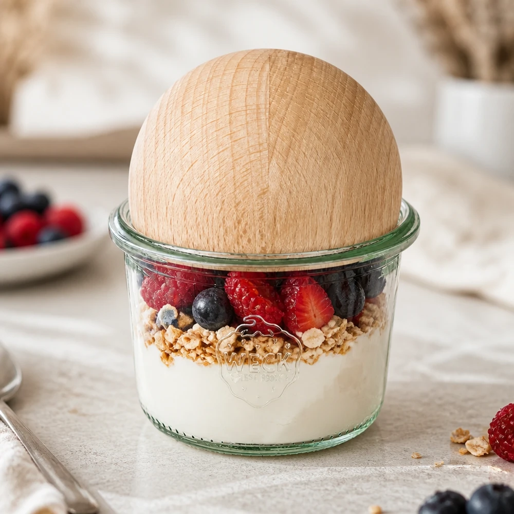 80 ml Briller WECK RR60 med trækugle bøg WECK 80 ml RR60-bægre med kugle af bøgetræ fyldt med yoghurt, granola og bær som morgenmadsparfait