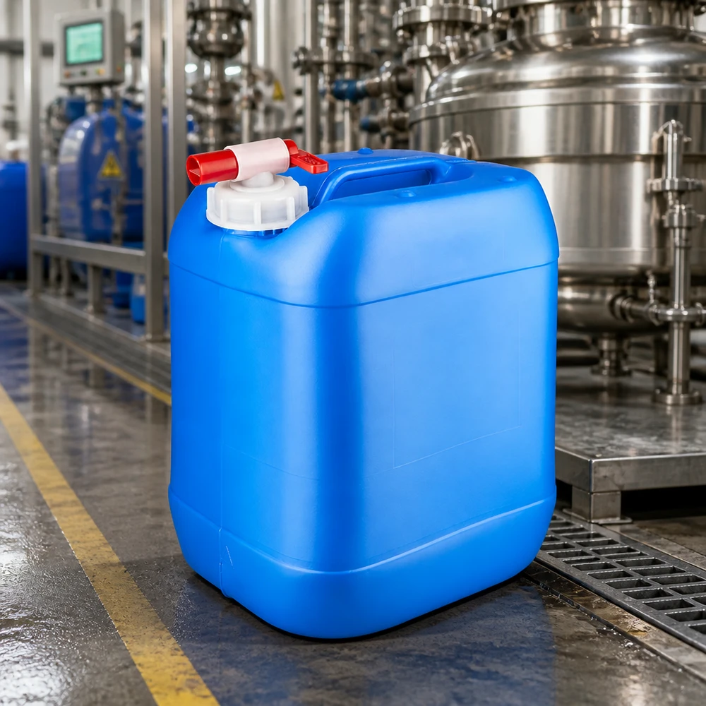 20-liters industrikanister i blå farve med tappehane, fremstillet af HDPE-plast, i et kemisk produktionsanlæg