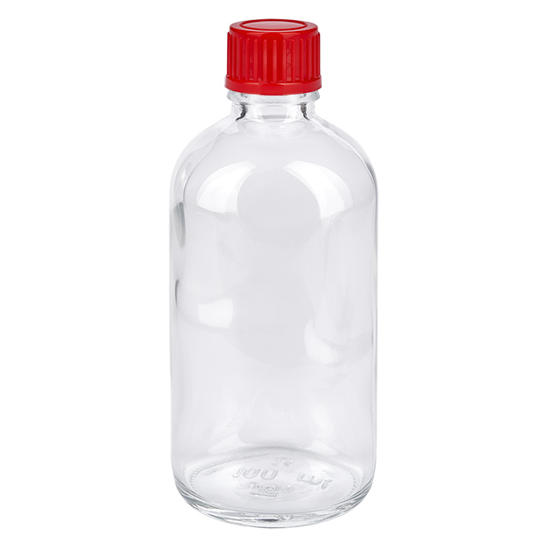 100 ml flaske 11 mm SV rød STD ClearLine UT18/100 100 ml flaske af klart glas med rødt skruelåg, 11 mm, ClearLine medicinflaske UT18/100