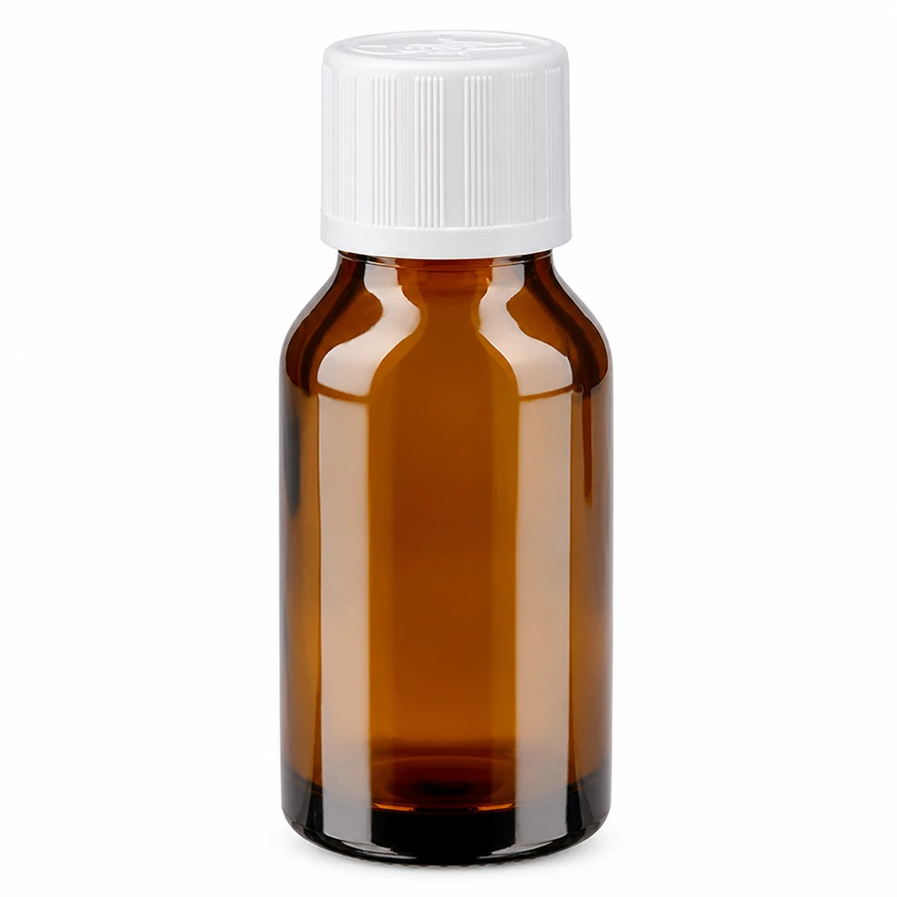 Brun apoteksflaske på 15 ml med hvid børnesikring af brunt glas