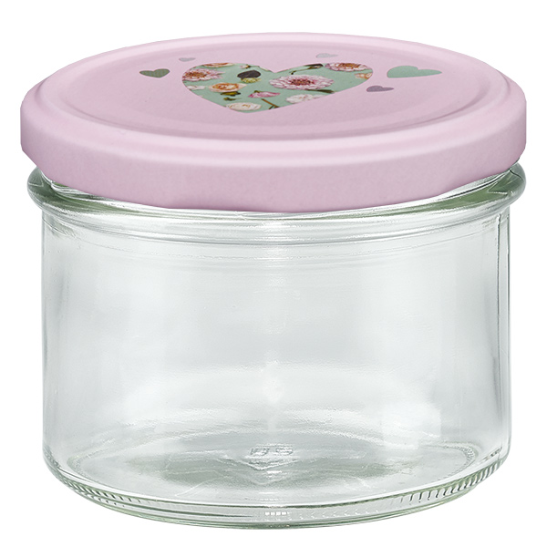 225 ml glas med skrå kant + BasicSeal låg, hjerteformet, rosa UNiTWIST