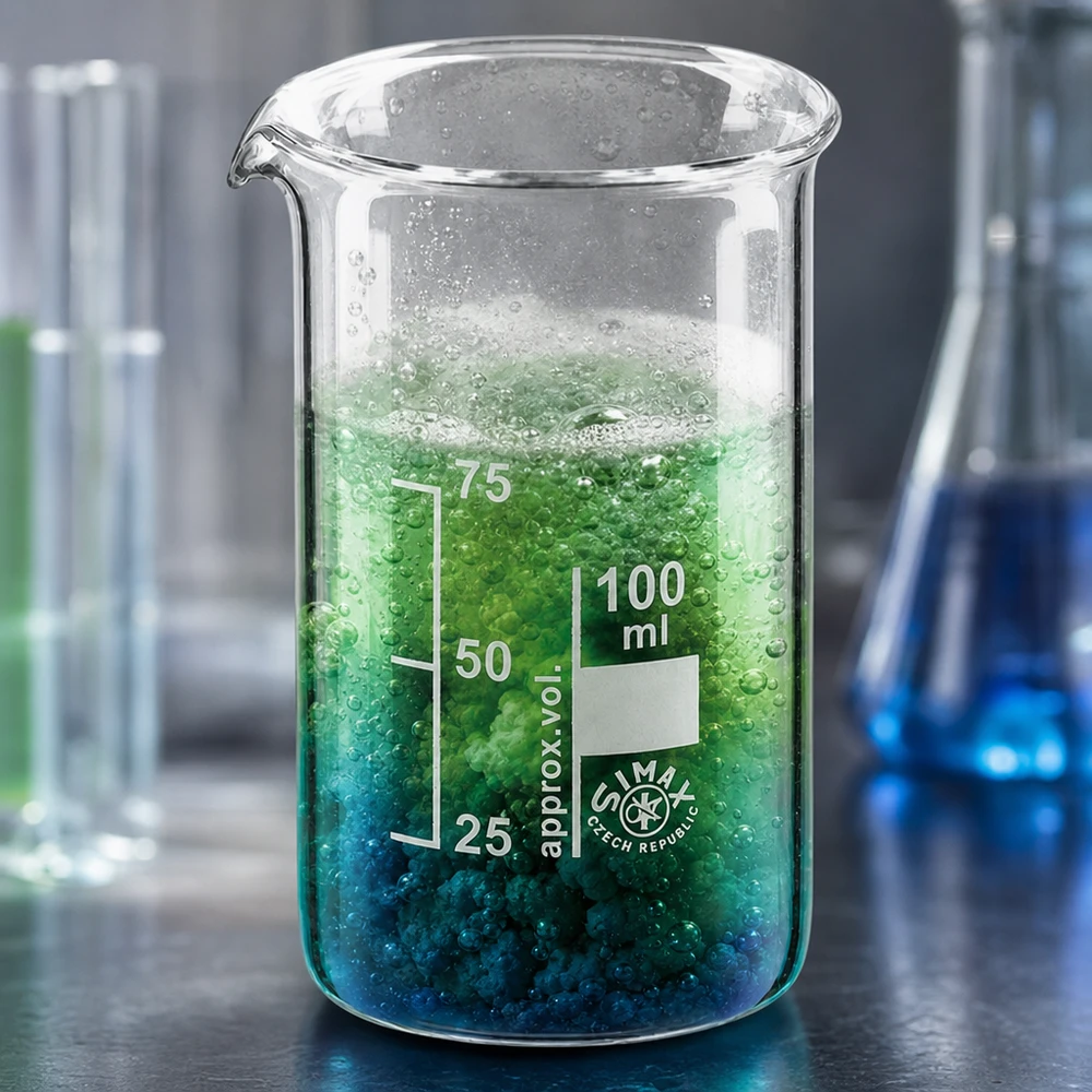 Bægerglas 100 ml borosilikatglas, høj form Reagerende grøn blanding i et Simax-bægerglas (100 ml, høj model) med dannelse af bobler