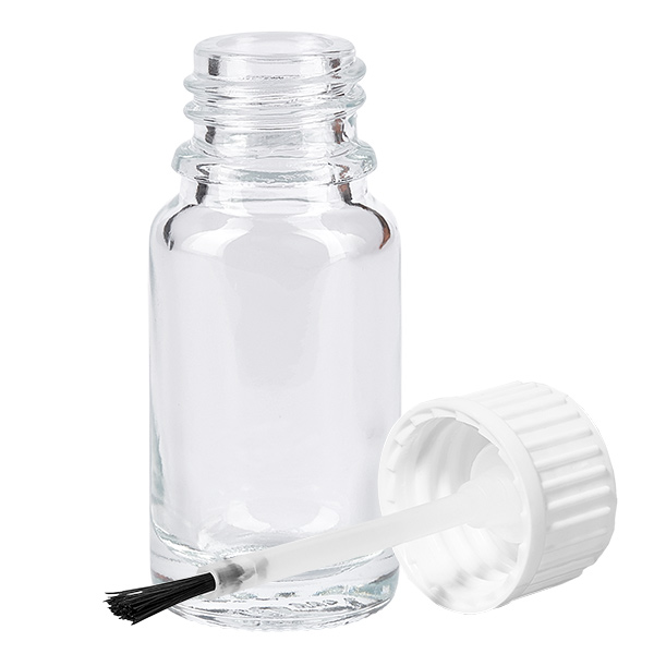 10 ml børsteflaske hvid STD ClearLine UT18/10 Tom 10 ml penselflaske af klart glas med hvidt låg og pensel til præcis påføring af væske
