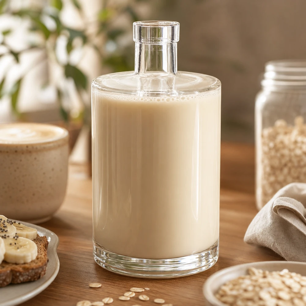 700 ml glasflaske Marie uden låg UNiTWIST® 700 ml glasflaske Marie fyldt med havremælk på træbord ved siden af kornskål og havregryn i køkkenet