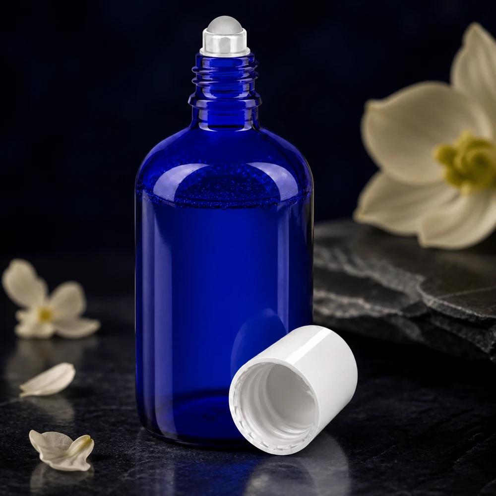 Apoteksflaske blå 100 ml roll-on-hætte hvid Koboltblå 100 ml roll-on-flaske af apotekerglas af høj kvalitet med åben hvid skruelåg