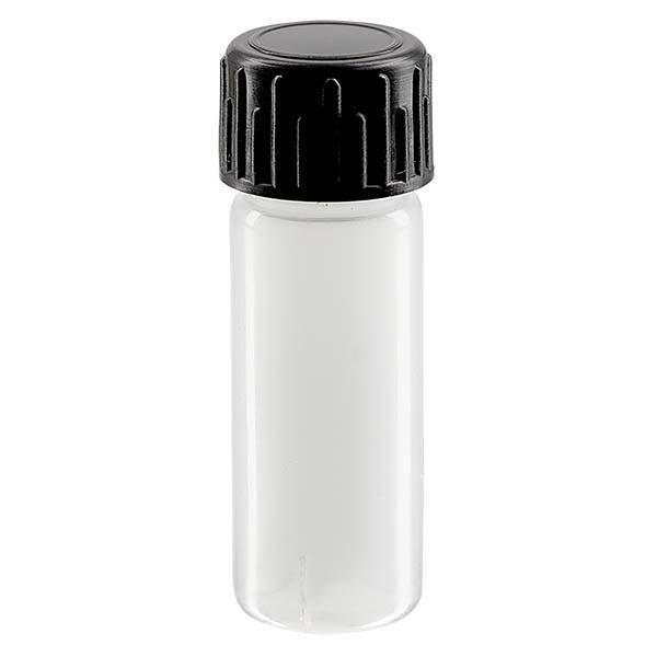 Prøveflaske 5 ml lavet af PE-LD, naturlig komplet med sort skruelåg