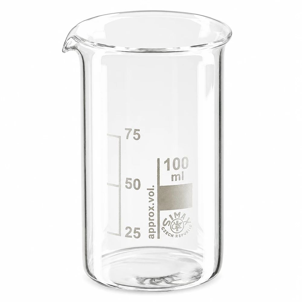 Bægerglas 100 ml borosilikatglas, høj form 100 ml beger i høj udformning af klart borosilikatglas med måleskala og hældetud