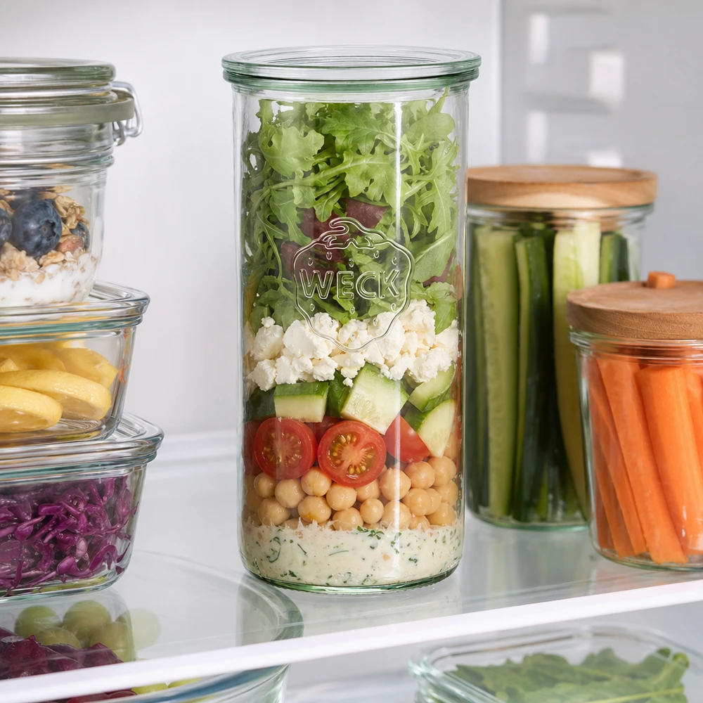 1500 ml Briller med glaslåg WECK RR100 WECK 1500 ml RR100-bægre i køleskabet fyldt med lagdelt salat mellem andre Meal Prep-opbevaringsglas