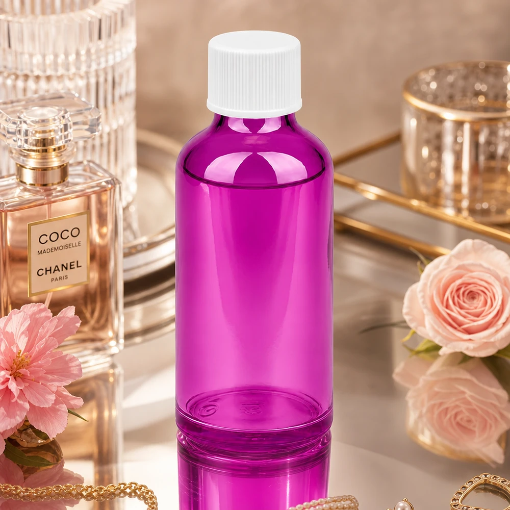 50 ml flaske 11 mm skruelåg hvid standard PurpleLine UT18/50 Elegant 50 ml flaske i Purple Line-design med hvid hætte til luksuriøs hudpleje