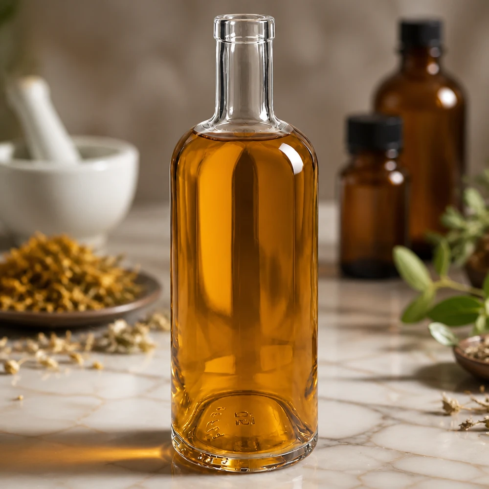 750 ml glasflaske »Emma« uden låg UNiTWIST® 750ml Glasflasche Emma mit goldbraunem Inhalt in apotheker-ähnlicher Umgebung mit Kräutern und Mörser dekoriert