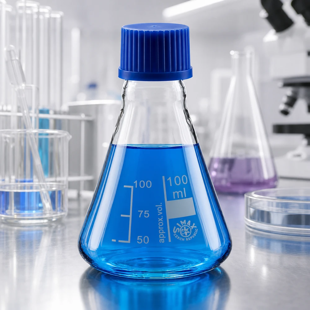 Erlenmeyer-kolbe 100 ml med skruelåg Laboratorieglasvarer Erlenmeyer-kolbe 100 ml med blå hætte til kemiske eksperimenter
