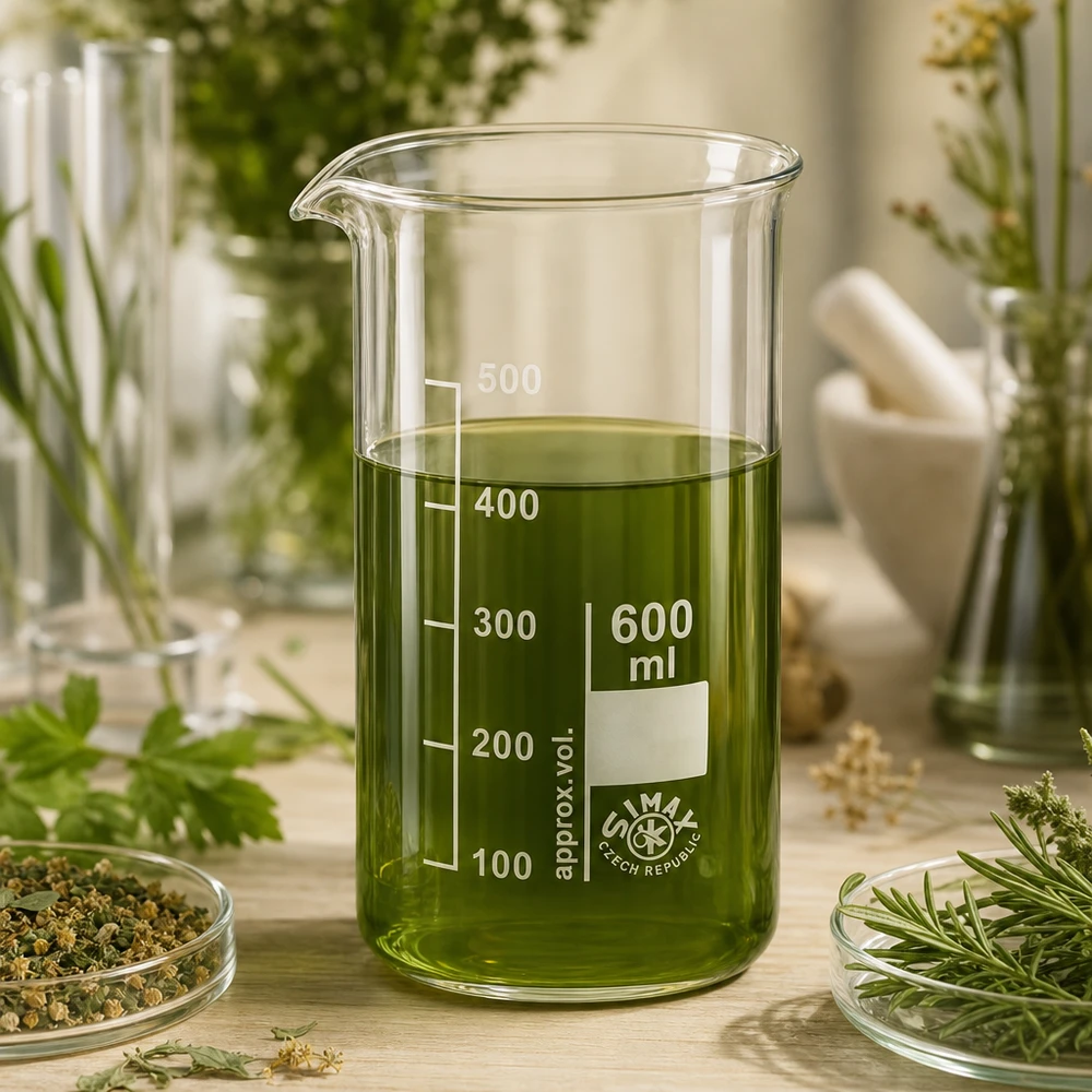 Bægerglas 600 ml borosilikatglas, høj form 600 ml begerglas i høj form med grønt urteekstrakt omgivet af friske lægeurter og rosmarinkviste