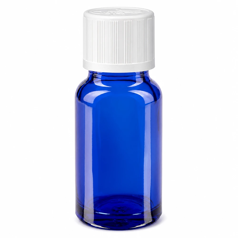 10 ml blå apotekerflaske af glas med hvid børnesikret låg, 11 mm