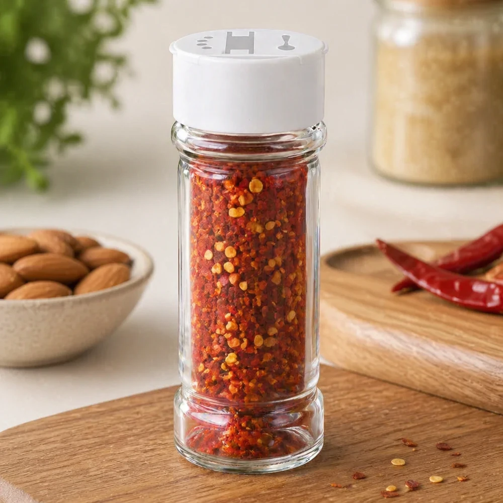 Salt-/krydderikrukke 100 ml med dobbelt strøer, hvid Krydderistrøer på 100 ml af klart glas, fyldt med chiliflager, på et træbræt med tørrede chilier