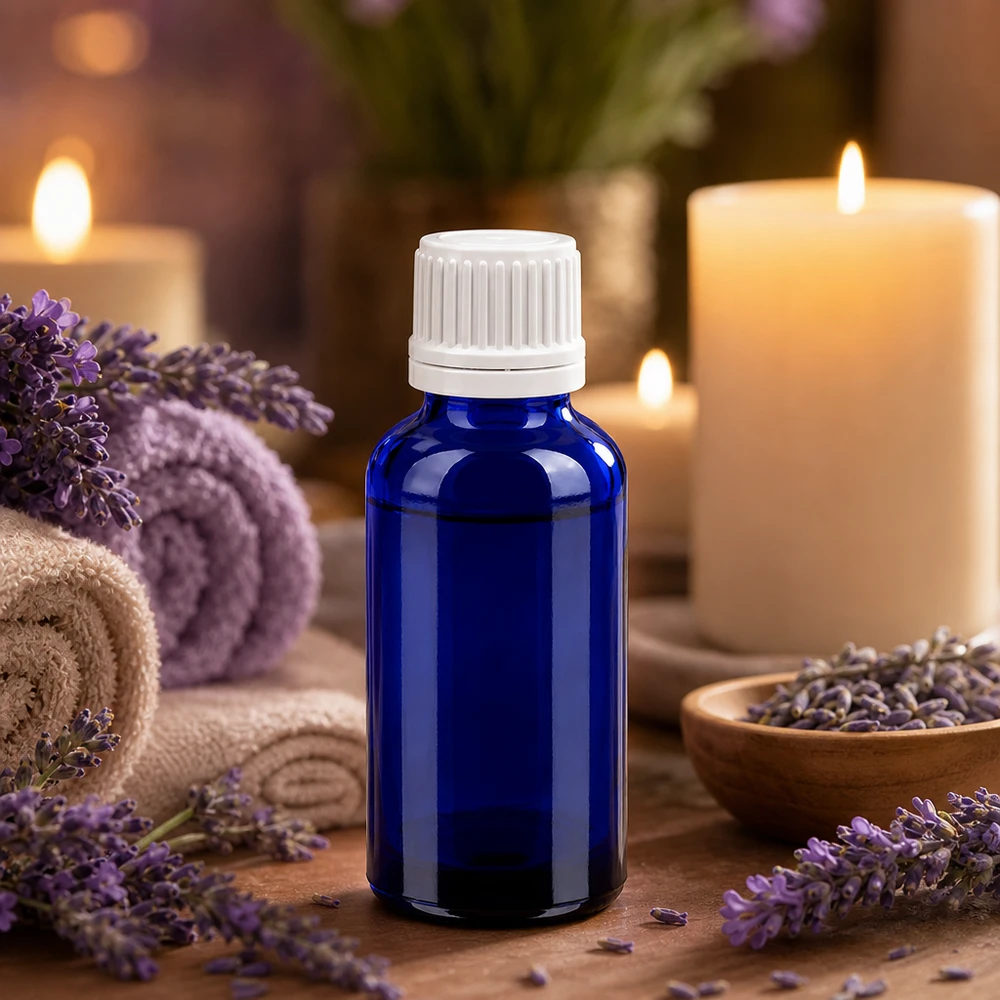 30 ml dråbeflaske af blåt glas med hvid hætte til aromaterapi og wellness