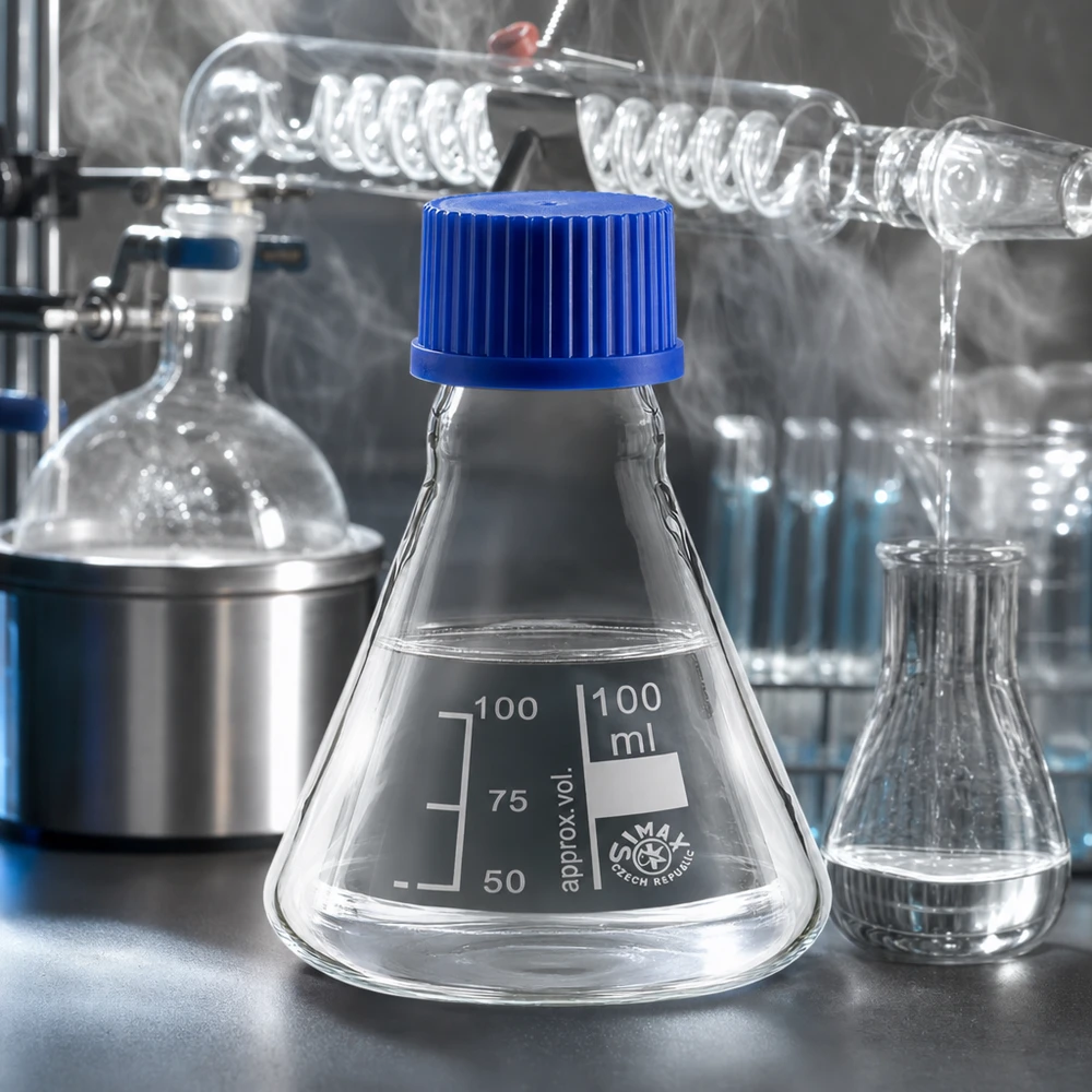 Erlenmeyer-kolbe 100 ml med skruelåg Erlenmeyer-kolbe 100 ml med varmebestandigt borosilikatglas og blåt skruelåg