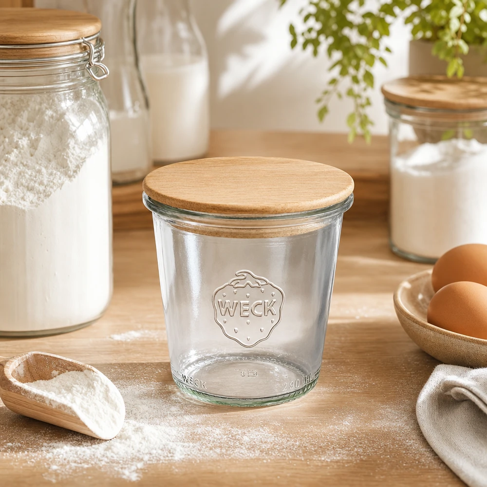 290 ml høje Briller WECK RR80 med trælåg WECK Sturzglas 290ml RR80 mit Holzdeckel in natürlicher Küchenszene mit Mehl Eiern und Backzutaten auf Holzbrett