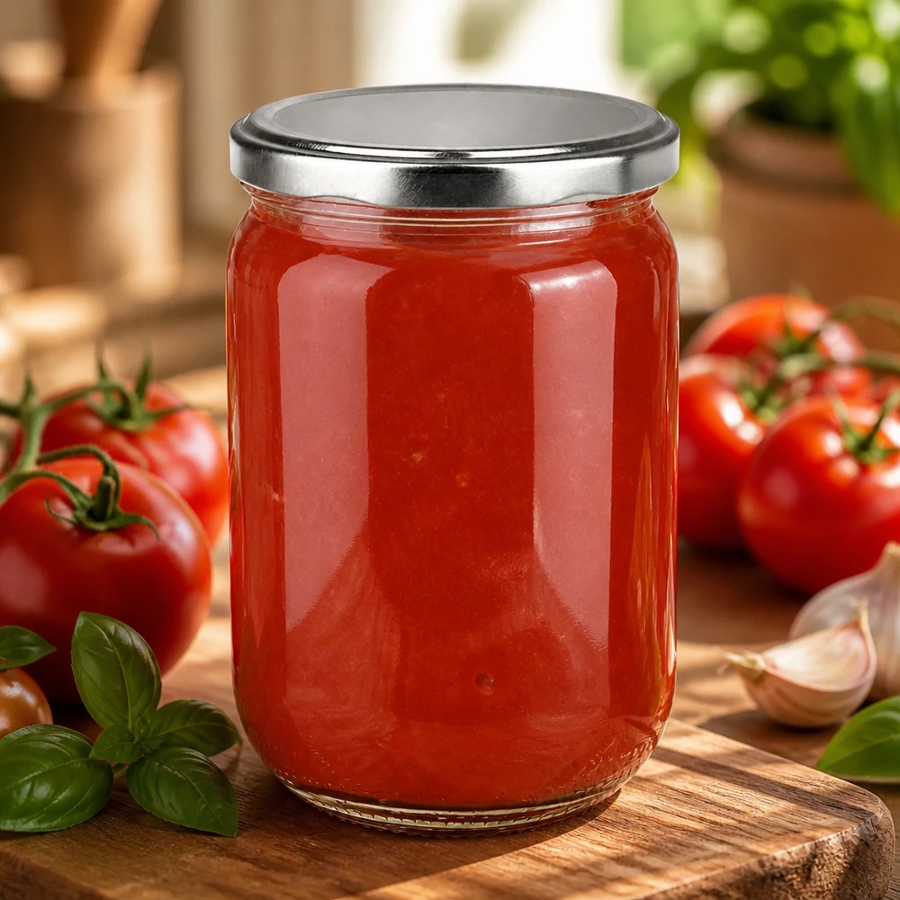 555 ml UNiTWIST-rundglas med BasicSeal-låg i sølv, fyldt med rød tomatsauce på træbræt