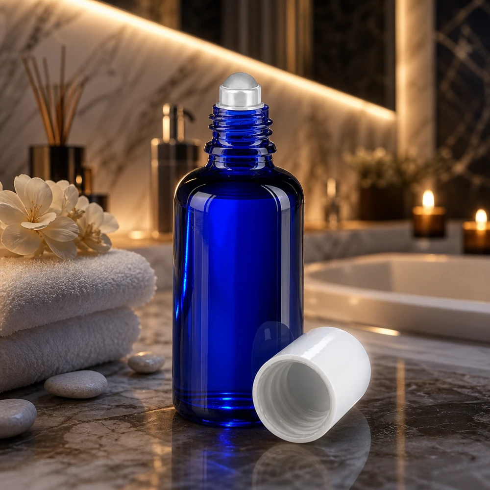 Apoteksflaske blå 50 ml roll-on-hætte hvid 50 ml roll-on-flaske i koboltblå med hvidt plastlåg og glasrullekugle i spa-stil