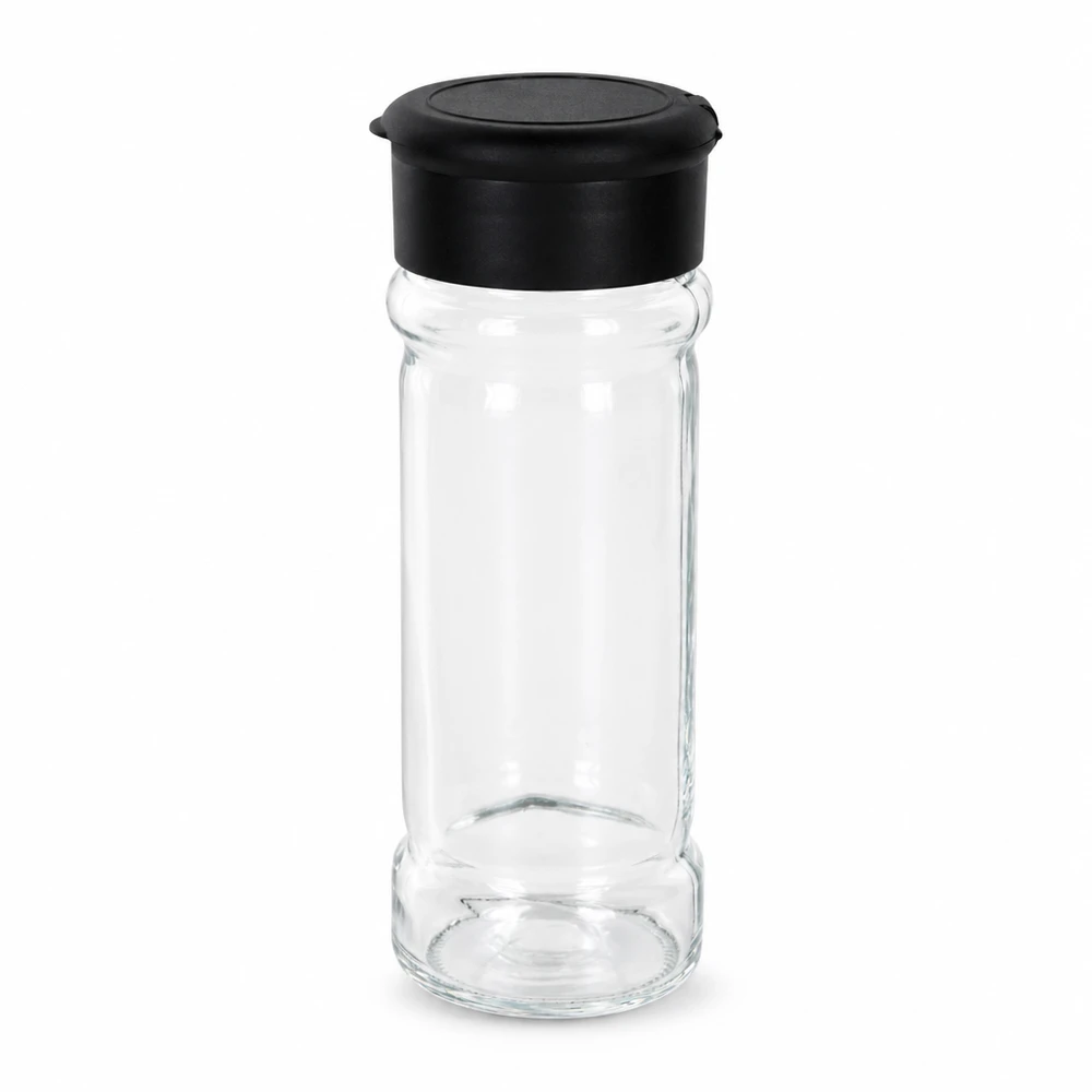 Salt-/krydderikrukke 100 ml med strøer, sort Tom krydderiglas på 100 ml af klart glas med sort plaststrøer