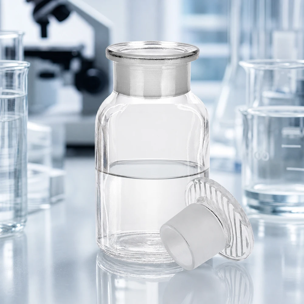 Rund skulderflaske 100 ml klar glasprop med bred hals Rundskulderflaske, 100 ml, bred hals, med glasprop til sikker opbevaring af laboratorieprøver