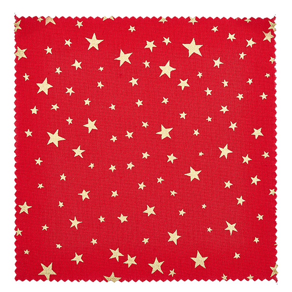 Stofdækkeserviet stjerner rød 120x120mm firkantet Rød stofdækkeserviet med guldstjernemønster nærbillede 12 cm firkantet smykkedækkeserviet detalje