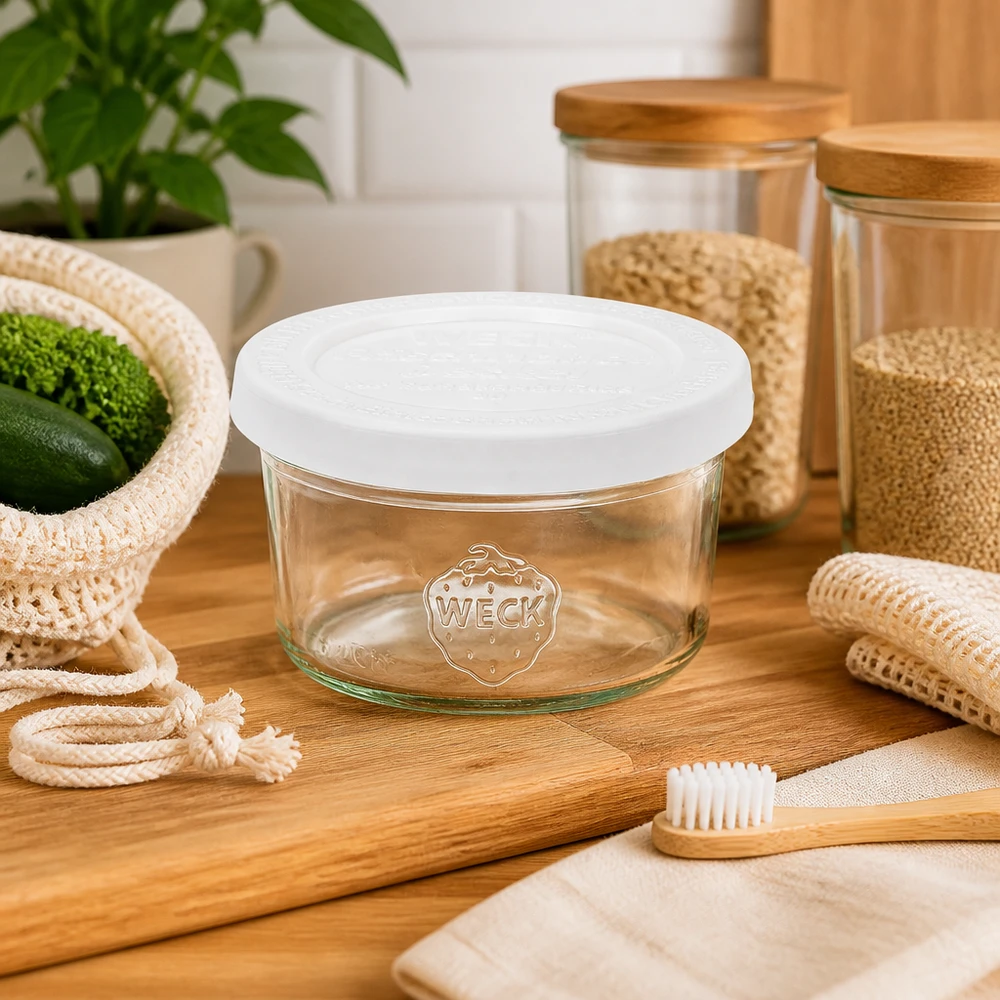 50 ml Briller med friskhedslåg WECK RR60 WECK 50 ml glas RR60 med hvidt låg i bæredygtigt køkken med bambustandbørste og zero waste-produkter