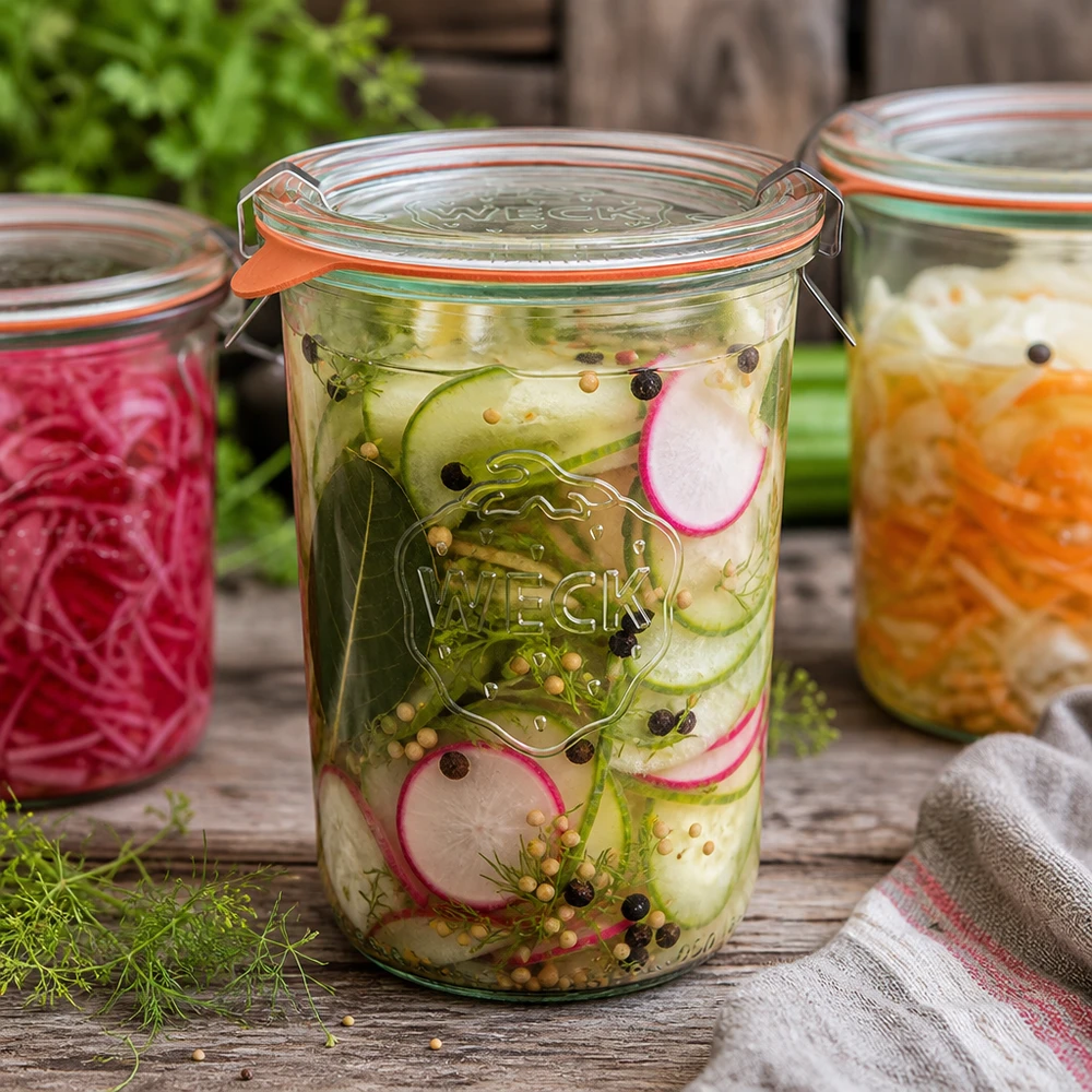 850 ml Briller komplet WECK RR100 WECK RR100 Sturzglas 850ml mit eingelegtem Gurken-Radieschen-Salat zeigt perfekte Fermentation und Konservierung