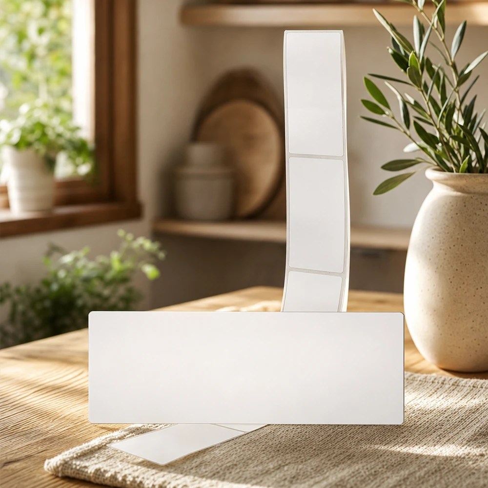Pakke med 20 etiketter 54 x 154,5 mm til mærkning Blanke etiketter 54x154,5mm præsenteret i et naturligt levende miljø med planter og varmt dagslys