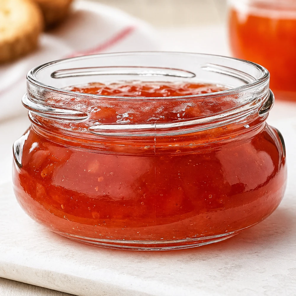UNiTWIST Terrina120 - Terrinkrukke 120ml TO70 UNiTWIST Terrina120 terrineglas 120ml TO70 fyldt med rød marmelade på en hvid træplade