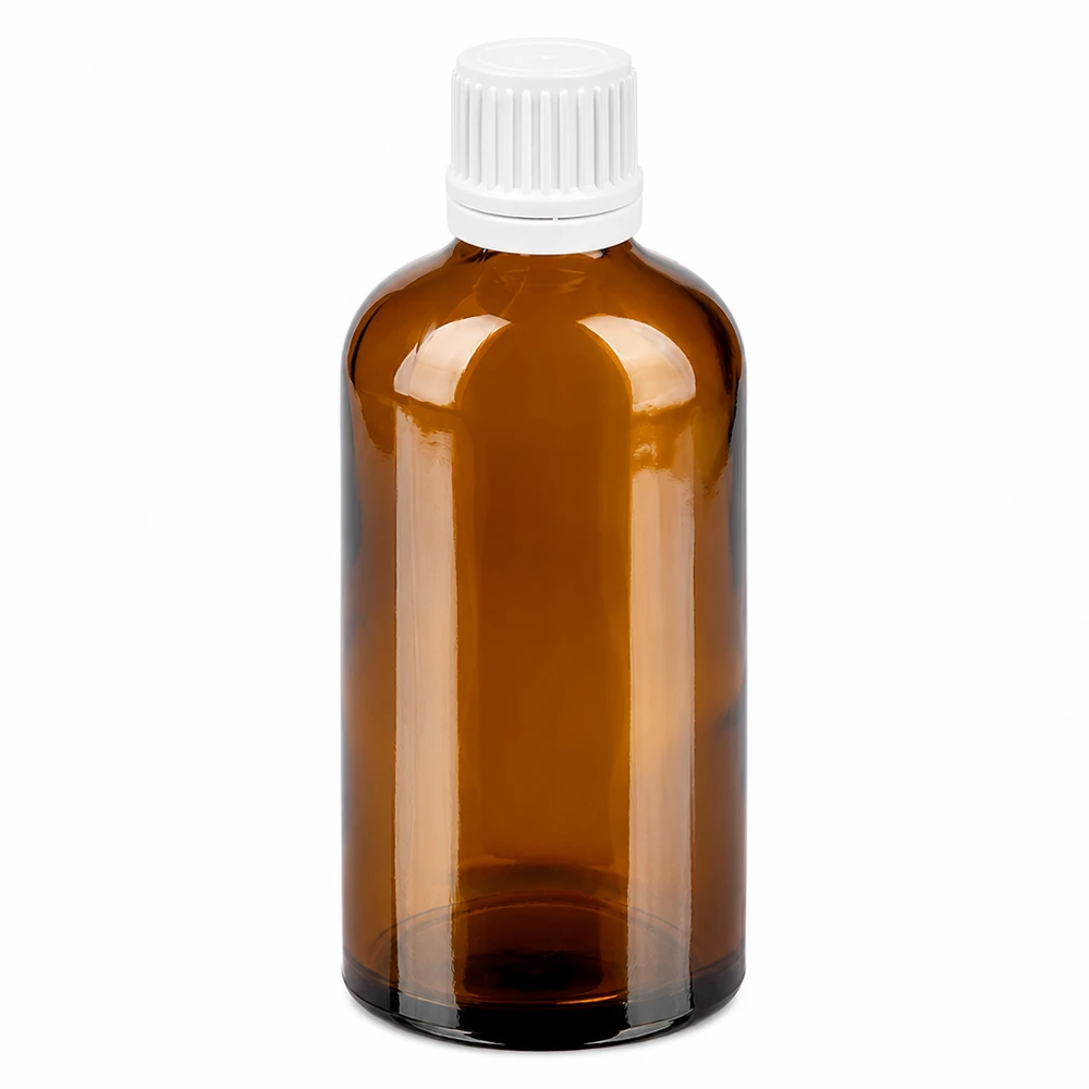 100 ml flaske 11 mm SV hvid OV BrownLine UT18/100 100 ml ravfarvet glasflaske med hvidt skruelåg til medicin og kosmetik