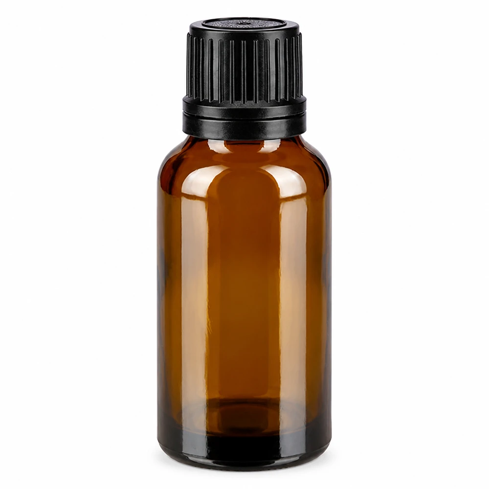 Apoteksflaske brun 20ml dryp v. Pr. 1mm sort OV 20 ml brun dråbeflaske af apotekerglas med sort originalitetslukning