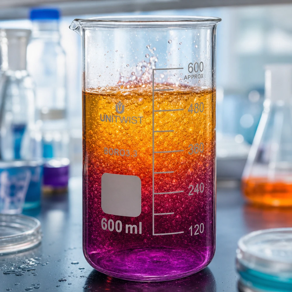 UNITWIST Bægerglas 600 ml, høj model, borosilikatglas med orange-lilla farveovergangseffekt
