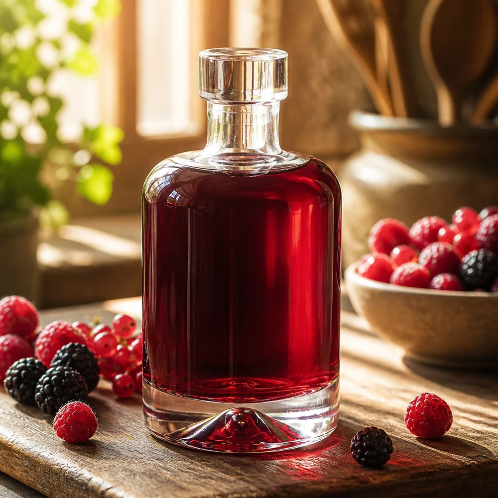 50 ml glasflaske 50ml Glasflasche "Amelie" ohne Verschluss UNiTWIST uden låg UNiTWIST® 50 ml glasflaske Amelie fyldt med rød bærlikør omgivet af friske hindbær og brombær viser fin spiritus