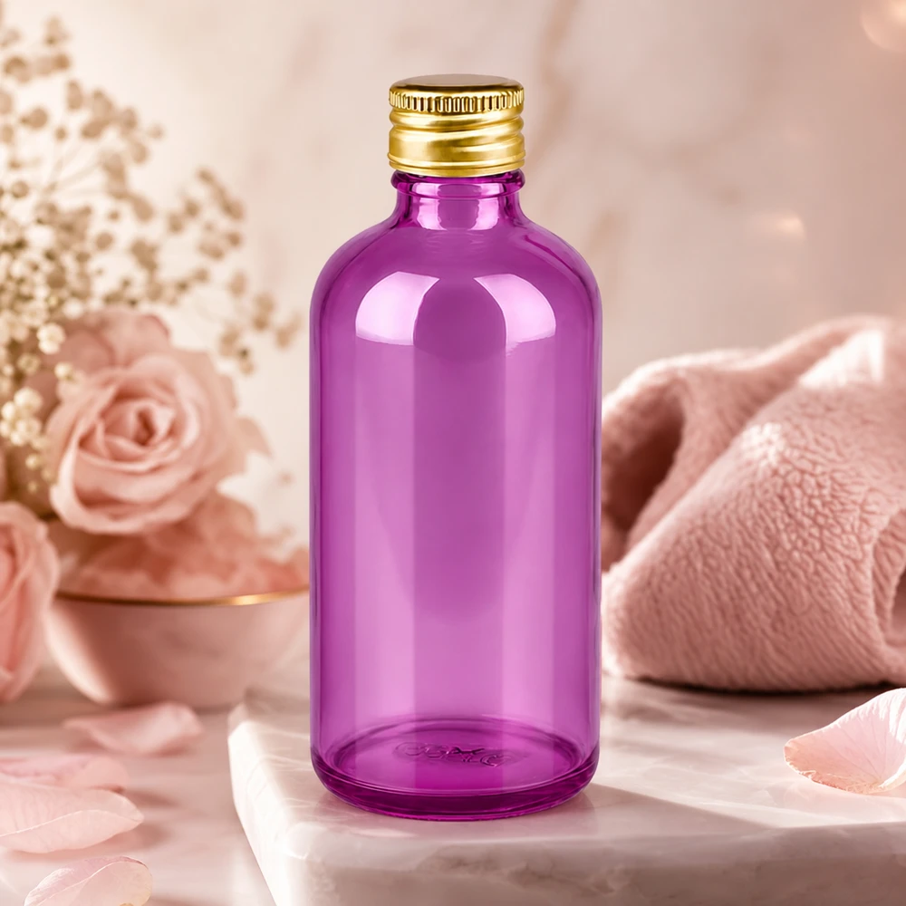 100 ml flaske 11 mm skruelåg aluminium guld standard PurpleLine. UT18/100 Kompakt 100 ml apoteksflaske af violet glas med praktisk 18 mm skruegevind