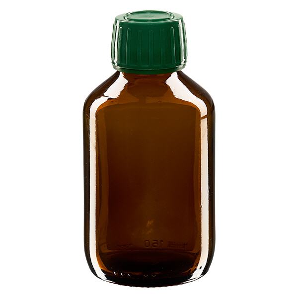 150 ml medicinflaske brun, hætte grøn med manipulationssikker ring ApoGlas. Farmaceutisk kvalitet fra EU-produktion. 28 mm (PP28) gevind. (sirup, lys glasflaske) 150 ml medicinflaske brun, hætte grøn med manipulationssikker ring ApoGlas. Farmaceutisk kvalitet fra EU-produktion. 28 mm (PP28) gevind. (sirup, lys glasflaske)