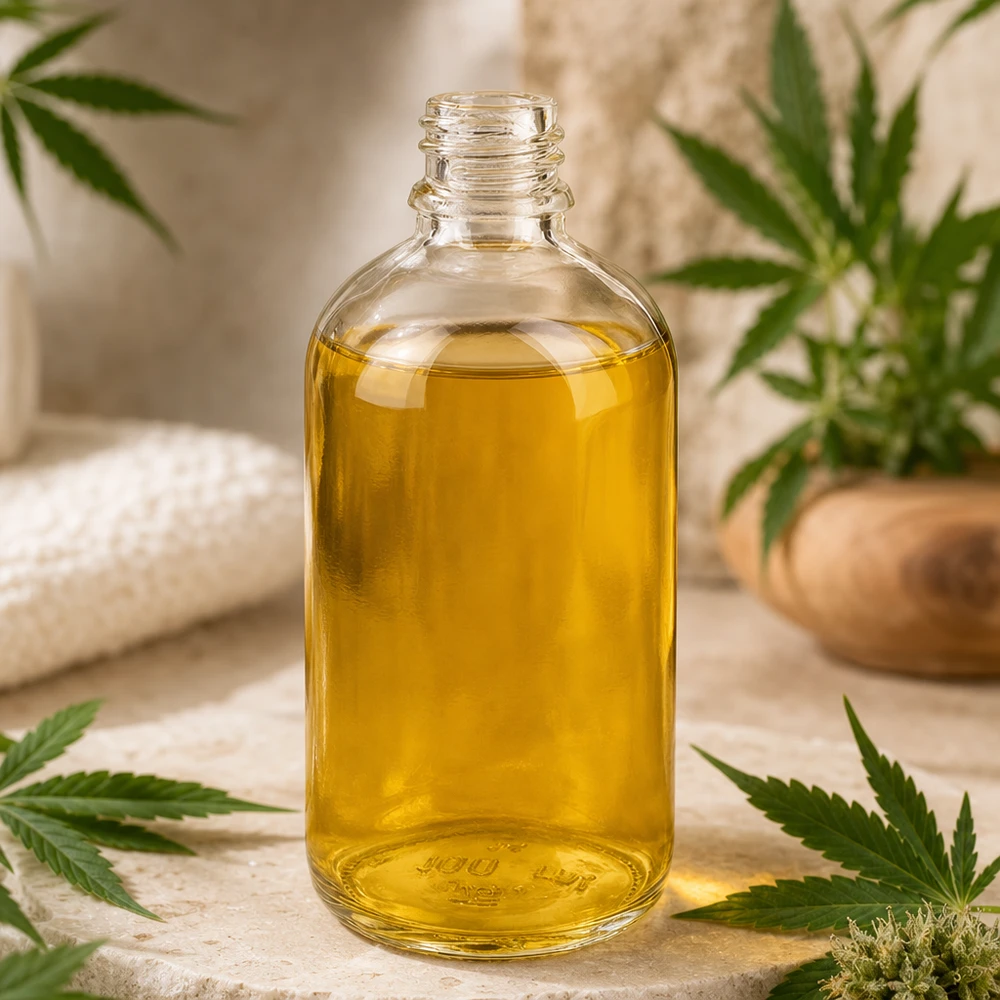 100 ml Apoteksflaske ClearLine DIN18 UNiTWIST En fyldt 100 ml ClearLine-apotekflaske med CBD-olie omgivet af cannabisblade UNiTWIST DIN18