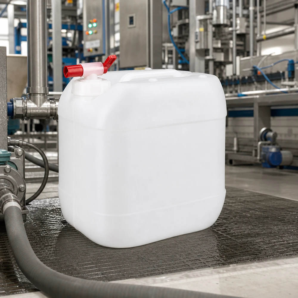 15-liters industrikanister med rødt tappehåndtag på et transportbånd i et moderne produktionsanlæg