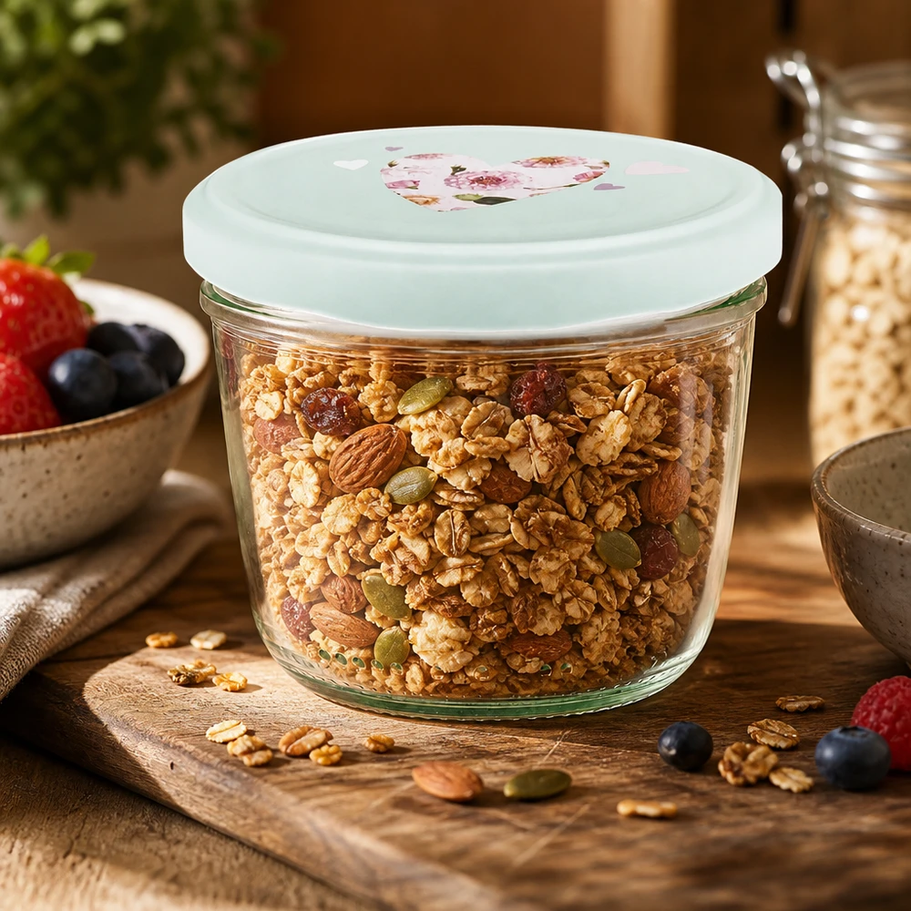 230 ml glas med skrå kant + BasicSeal låg, hjerteformet, mint UNiTWIST Granola og müsli i 230 ml-bægre med BasicSeal-låg hjerte mint, lufttæt opbevaring af morgenmadsprodukter