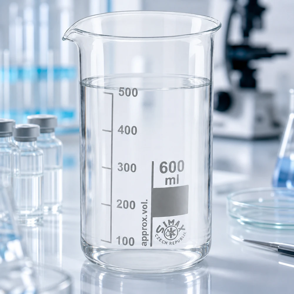 Bægerglas 600 ml borosilikatglas, høj form Tomt bæger på 600 ml, højt design, af klart borosilikatglas med måleskala på laboratoriebordet