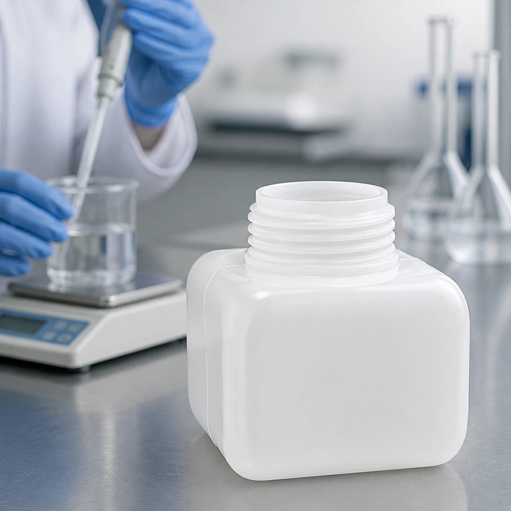 Kemikalieflaske 250 ml, bred hals fremstillet af PE-HD, naturfarve, GL 50 Kemikalieflaske 250 ml PE-HD, bredhalset, naturfarvet, stålbord, laboratoriemiljø, forsker, baggrund