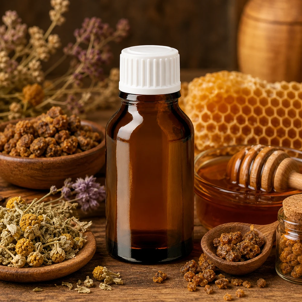 Brun 30 ml apotekerflaske af glas med hvid propolis-honeycomb- og urte-dekor på proppen