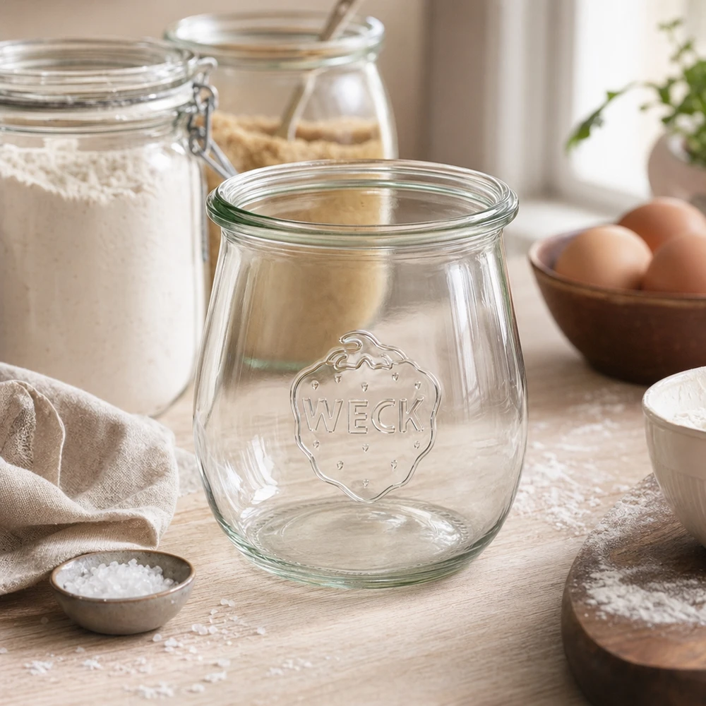 WECK tulipankrukke 220ml RR60 transparent tom i køkkenscene med mel, æg og bageingredienser på træbord