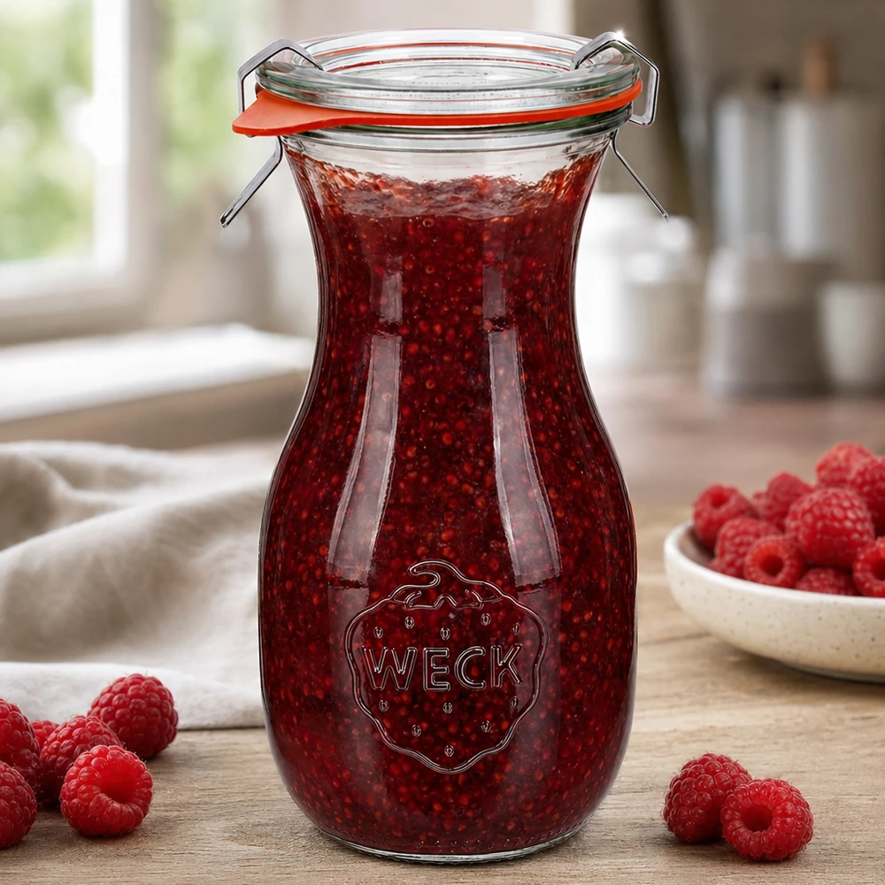 290 ml saftflaske, komplet WECK RR60 WECK juiceflaske 290ml RR60 fyldt med hindbærmarmelade og svingtop på et træbord med friske hindbær